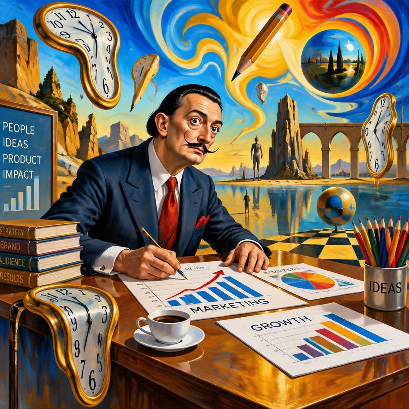 Surreal painting of a marketer drawing growth charts