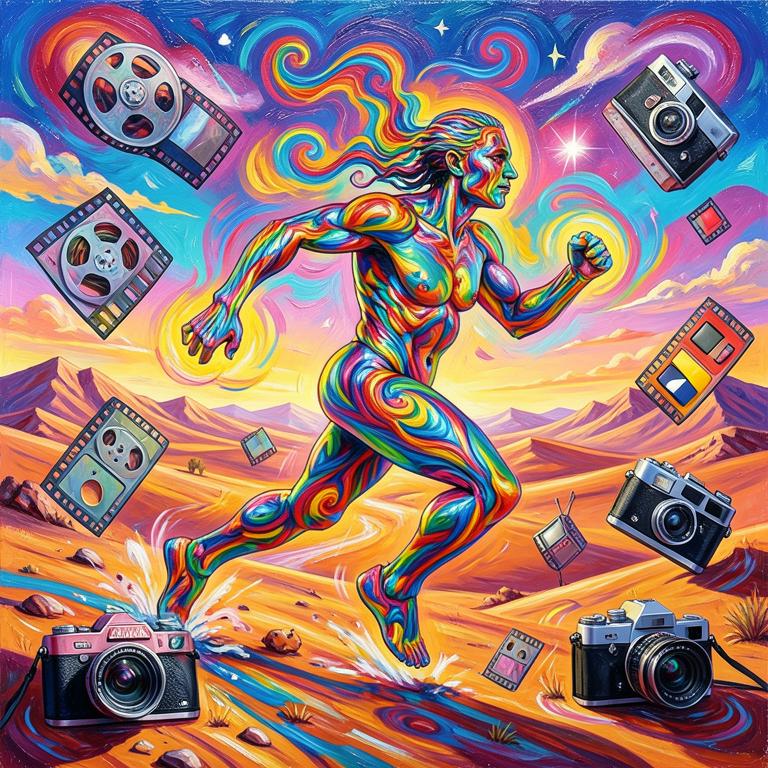 Surreal painting of a colorful runner surrounded by film reels and cameras