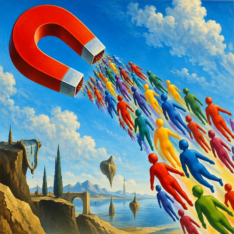 Surreal painting of a magnet attracting colorful figures