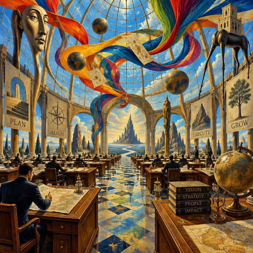 Surreal painting of a vast planning hall with ribbons of color